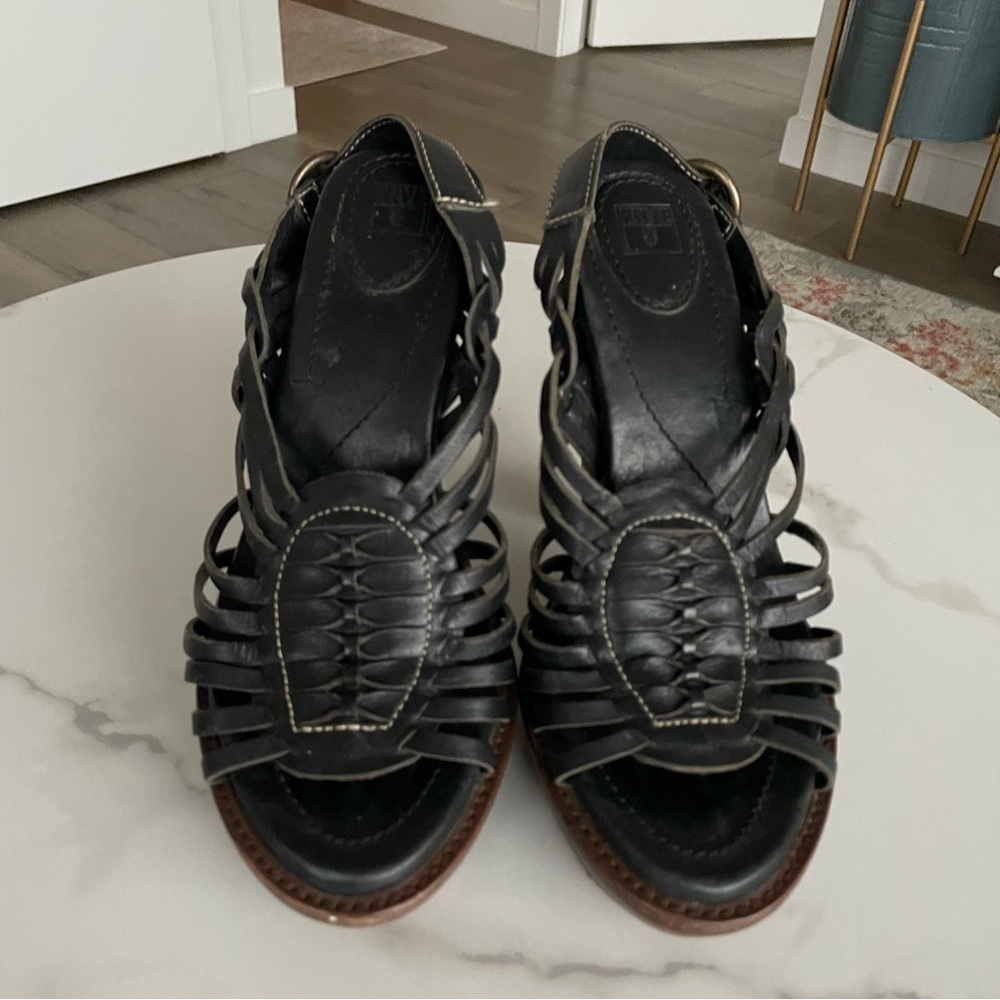 Frye Joy Huarache Sandals Heels in Black Leather